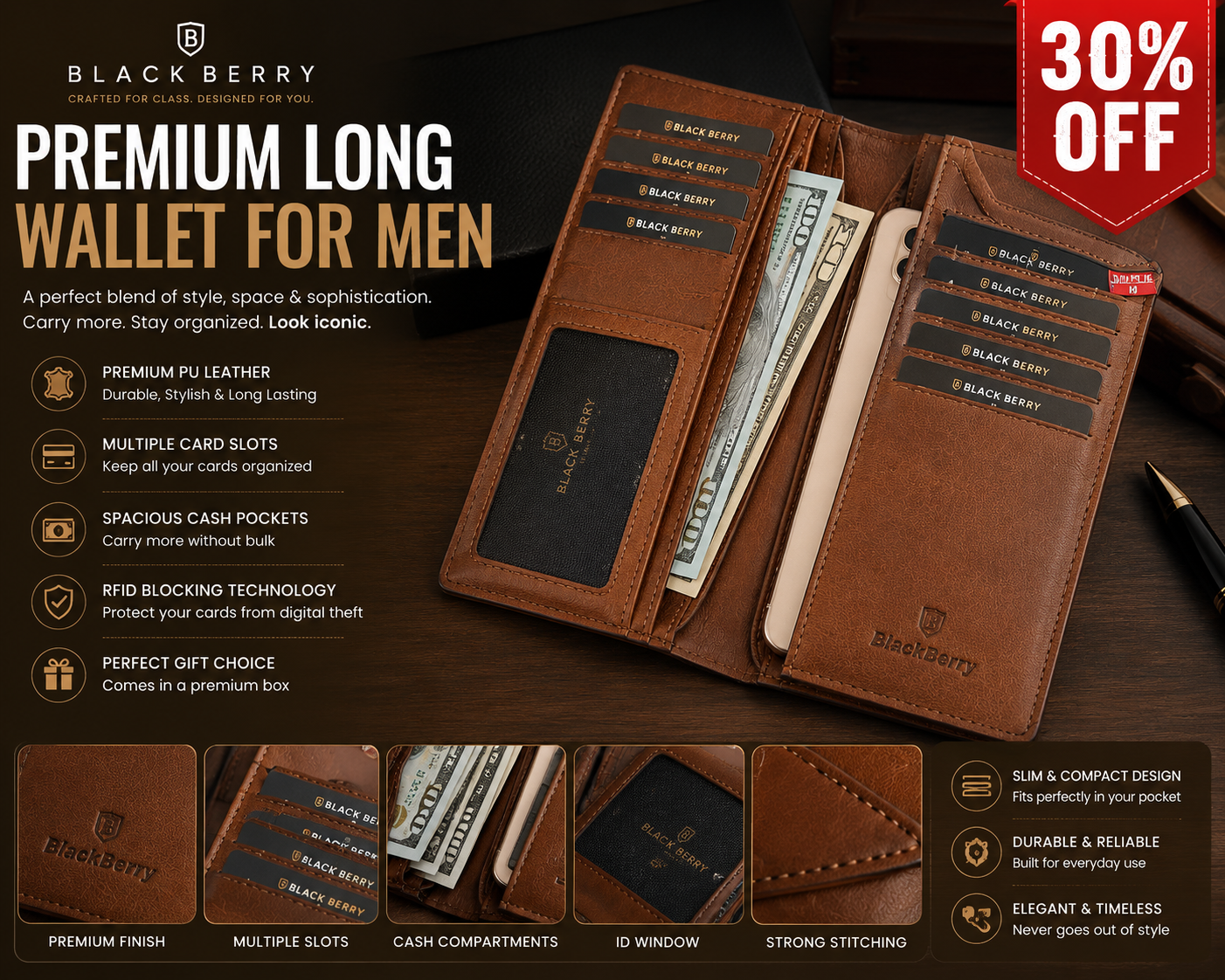 BlackBerry Premium Long Wallet for Men – Luxury Leather Wallet with Multiple Card Slots & Cash Compartments