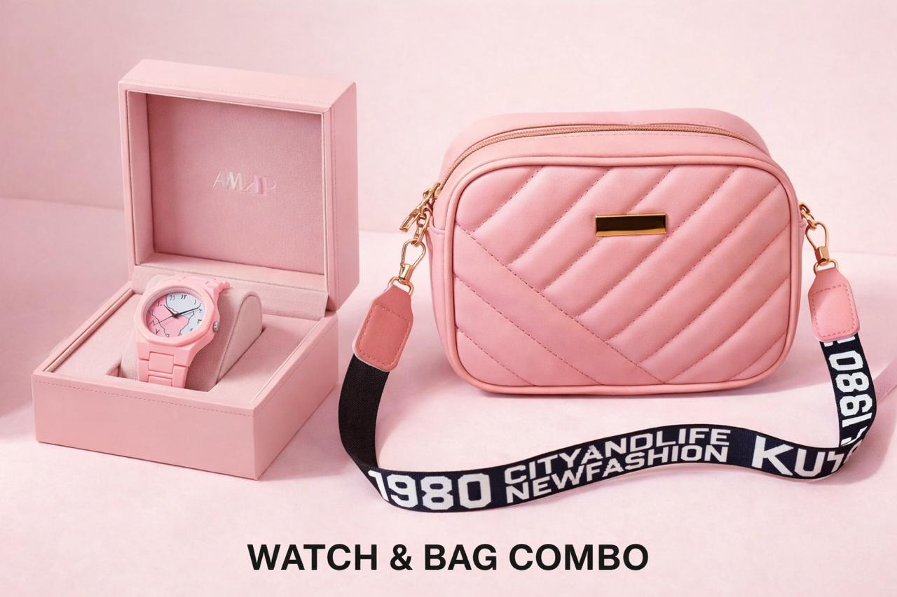 Luxury Pink Watch & Crossbody Bag Combo Set for Women – Premium 2 Piece Gift Set | Free Delivery