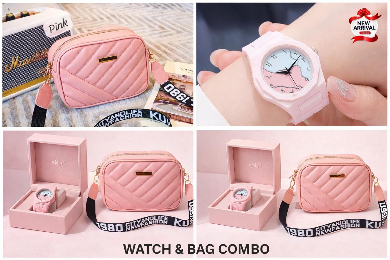 Luxury Pink Watch & Crossbody Bag Combo Set for Women – Premium 2 Piece Gift Set | Free Delivery